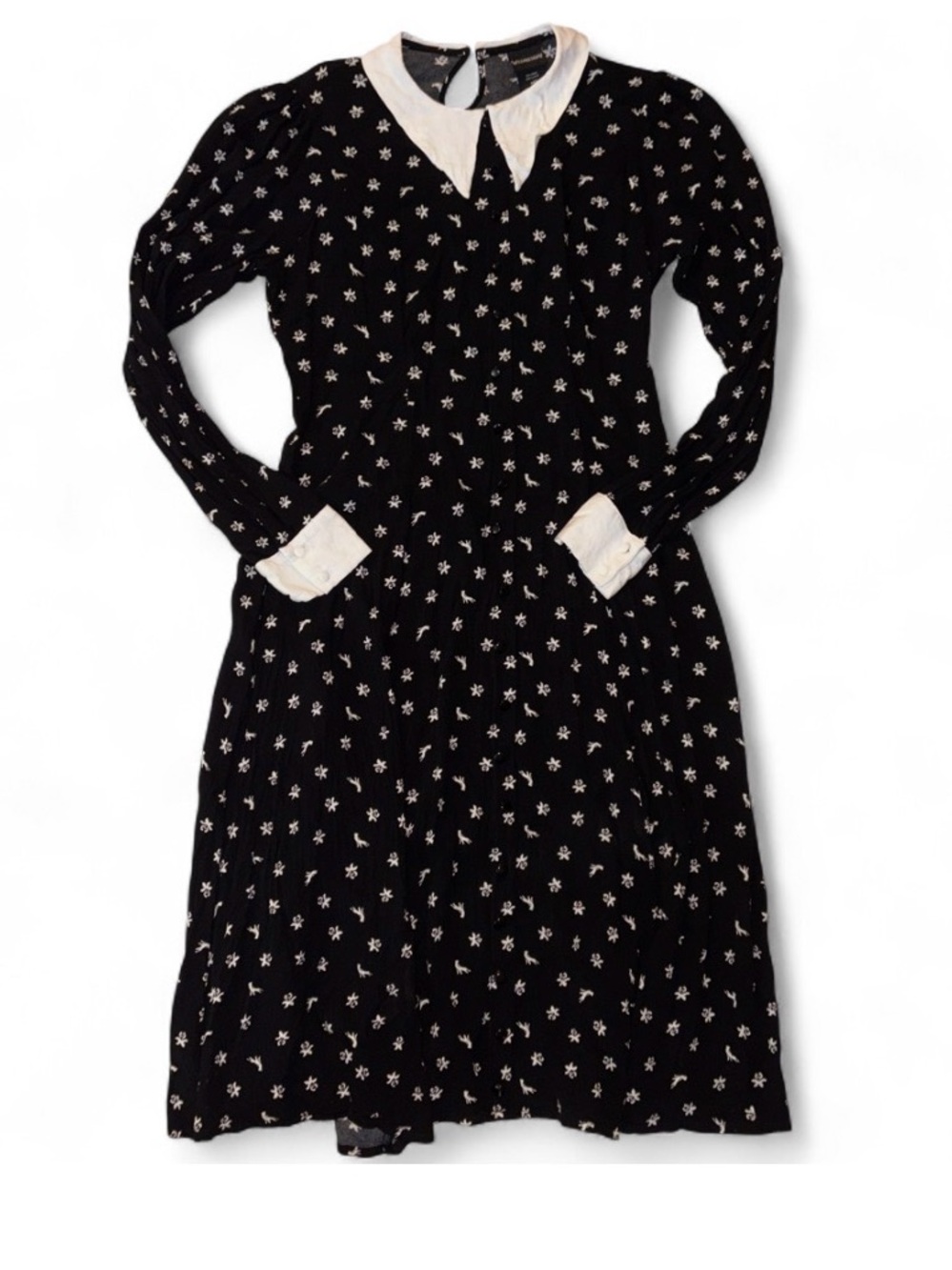 Black Long-Sleeve Floral Dress with White Collar and Cuffs